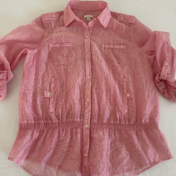Chico's Top SZ3 Pink Roll Tab Sleeve Button Front Collar Safari Smocked Waist - Picture 6 of 8